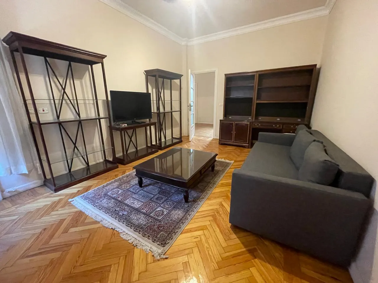 Furnished living room of a duplex in Northern Zamalek with a grey sofa, glass cabinets and Persian rugs
