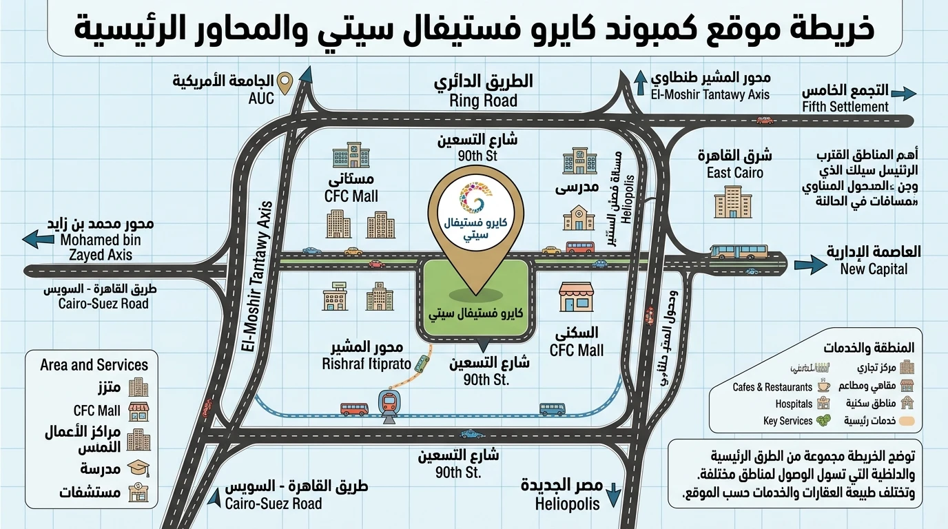 خريطة توضيحية لموقع كمبوند كايرو فستيفال سيتي والطريق الدائري وشارع التسعين والمحاور الرئيسية حوله