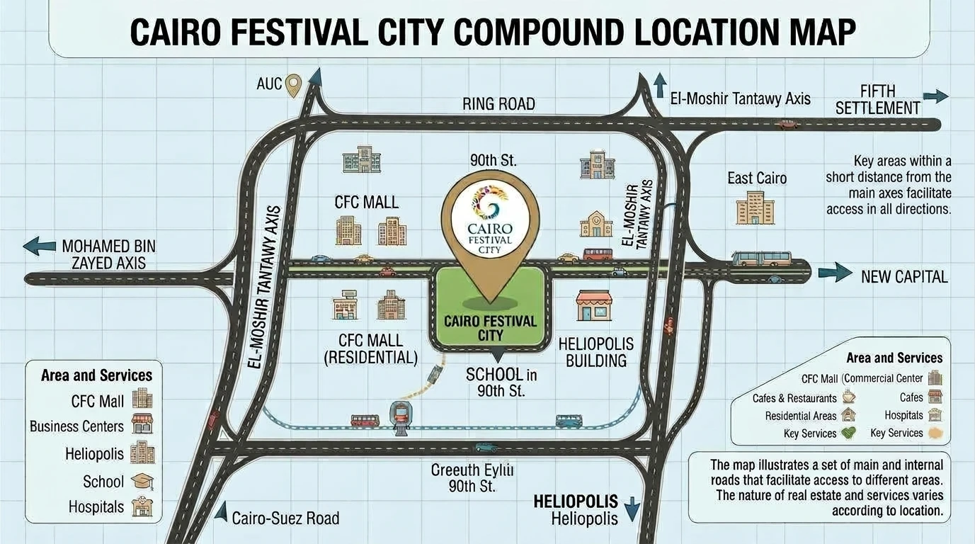 Illustrated location map of Cairo Festival City compound with the Ring Road, 90th Street and the main axes around it