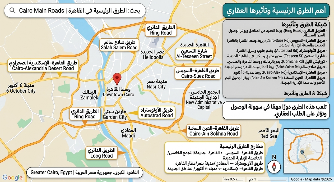 خريطة للقاهرة الكبرى تحدد الطريق الدائري وطريق القاهرة–السويس والأوتوستراد وشارع التسعين والكورنيش وطريق صلاح سالم والطريق الصحراوي وطريق العين السخنة