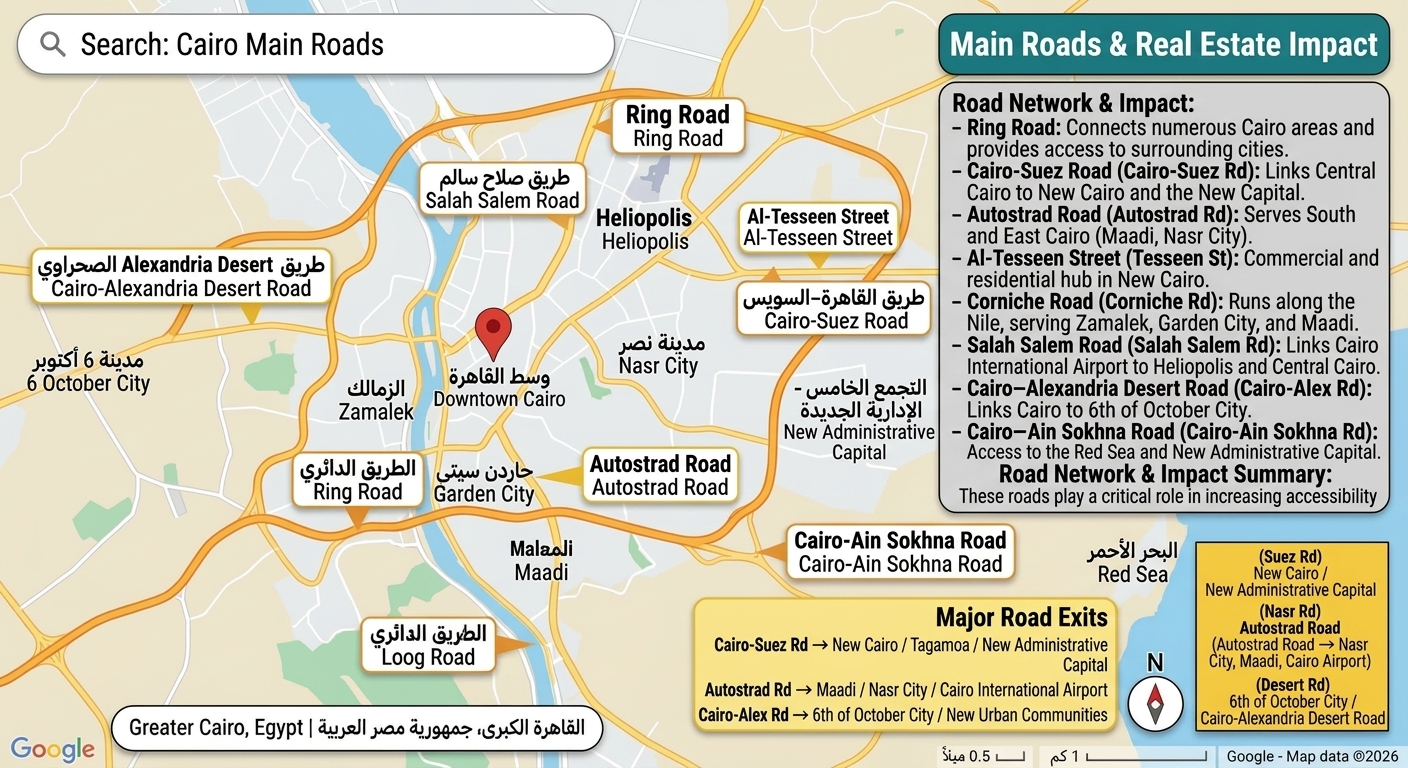 Map of Greater Cairo marking the Ring Road, Cairo–Suez Road, Autostrad, Al-Tesseen Street, the Corniche, Salah Salem, the Cairo–Alexandria Desert Road and the Cairo–Ain Sokhna Road, with a note on what each connects
