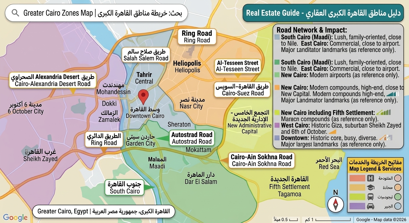 خريطة ملونة للقاهرة الكبرى توضح وسط القاهرة وجنوبها حول المعادي وشرقها حول مصر الجديدة ومدينة نصر والقاهرة الجديدة مع التجمع الخامس وغربها حول الجيزة و6 أكتوبر والشيخ زايد