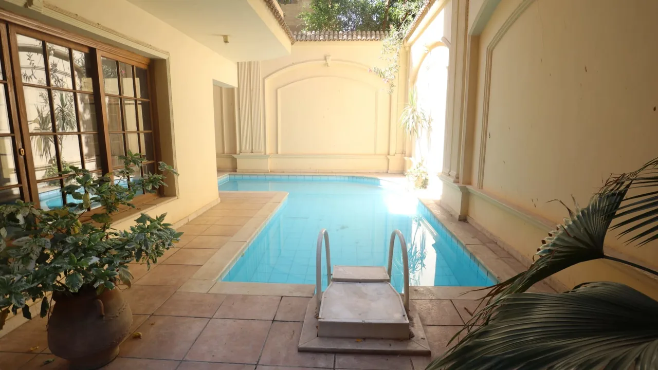 Private swimming pool in a walled courtyard with potted palms, at a ground floor apartment for rent in Degla