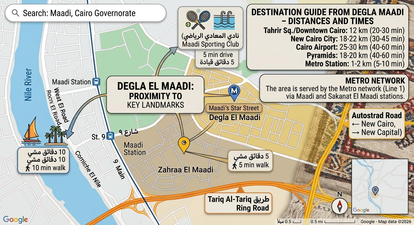 Map of Degla El Maadi showing its position between the Nile Corniche, Road 9, the Autostrad and the Ring Road, with driving and walking times to Maadi Sporting Club, the metro and the Nile