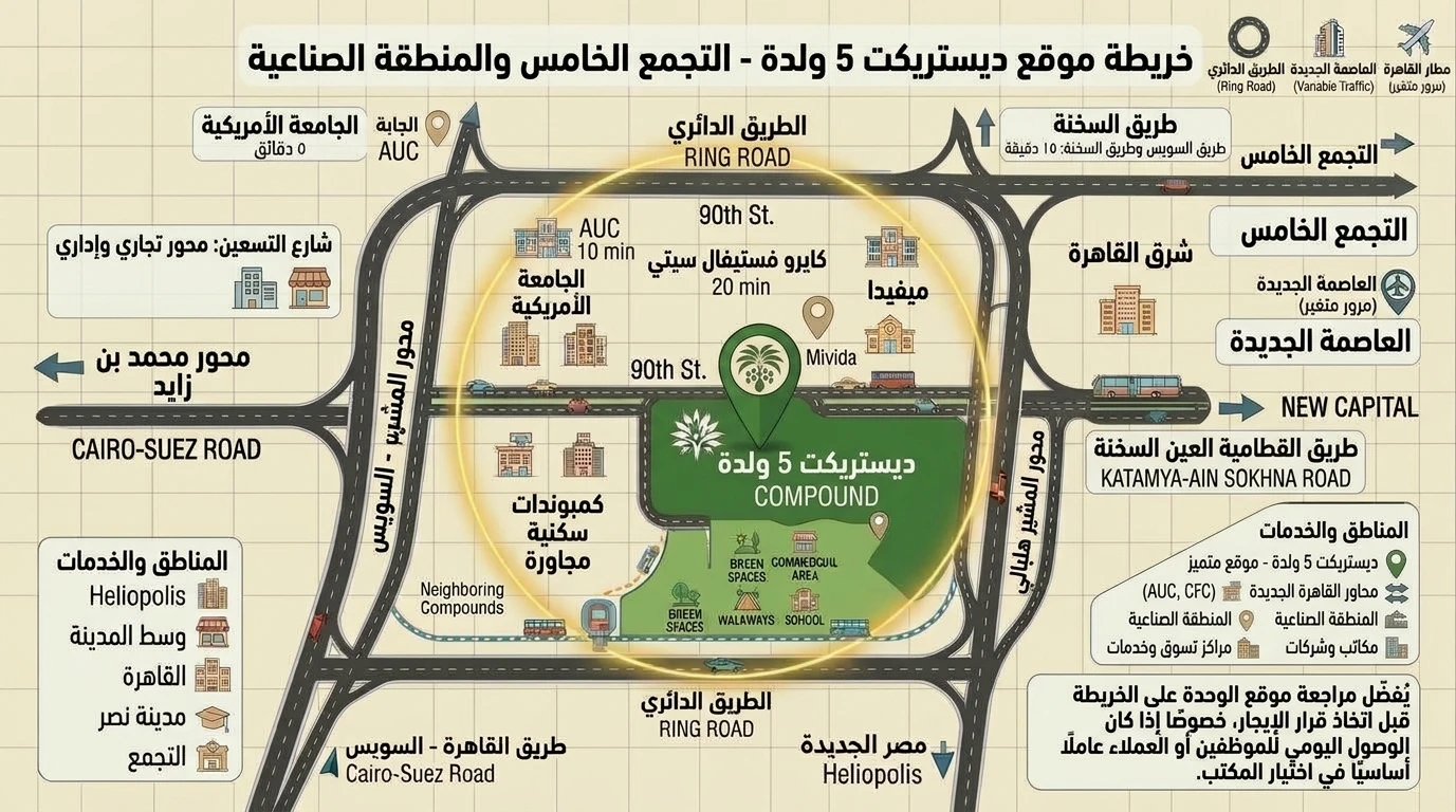 خريطة توضيحية لموقع ديستريكت 5 وشارع التسعين والطريق الدائري والمحاور الرئيسية حوله