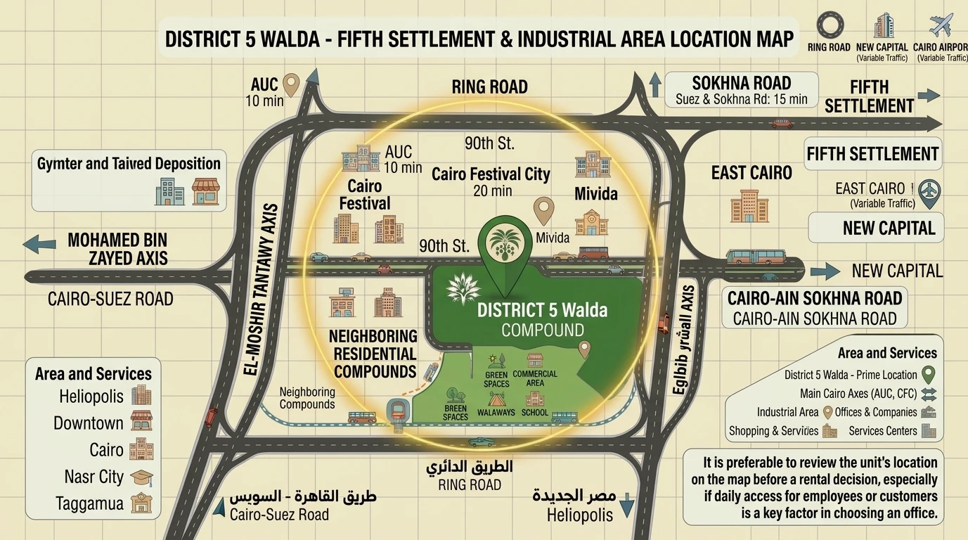 Illustrated location map of District 5 with 90th Street, the Ring Road and the main axes around it
