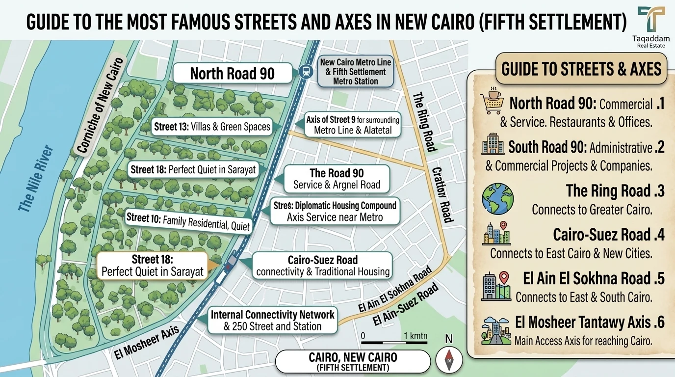 Map of the Fifth Settlement's main streets and roads in New Cairo, including 90th Street, the Ring Road and Cairo-Suez Road