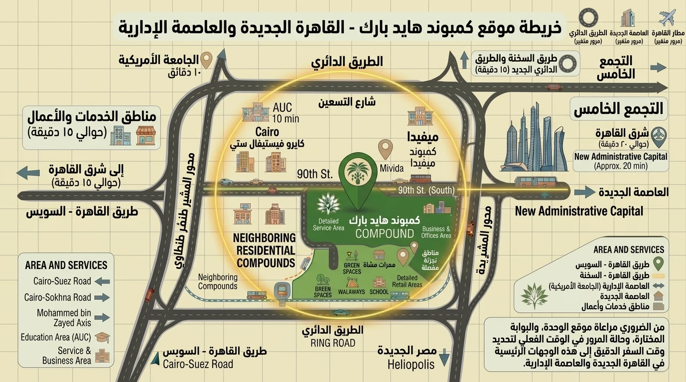 خريطة توضيحية لموقع كمبوند هايد بارك وشارع التسعين الجنوبي والطريق الدائري والمحاور الرئيسية حوله