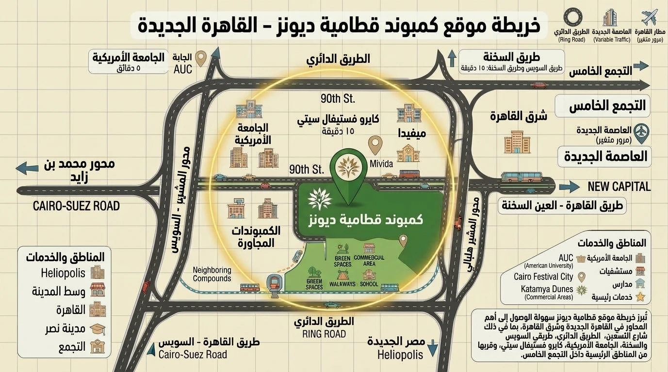 خريطة توضيحية لموقع كمبوند قطامية ديونز وشارع التسعين والطريق الدائري والمحاور الرئيسية حوله
