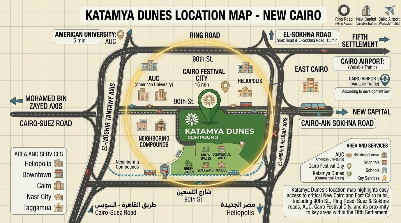 Illustrated location map of Katameya Dunes compound with 90th Street, the Ring Road and the main axes around it