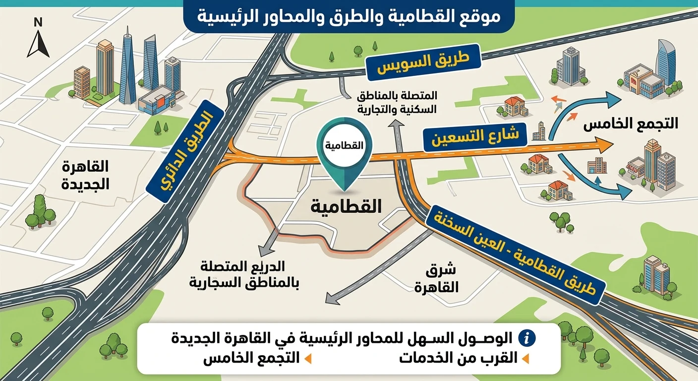 خريطة موقع القطامية وطرقها الرئيسية في القاهرة الجديدة: الطريق الدائري وشارع التسعين وطريق السويس وطريق العين السخنة