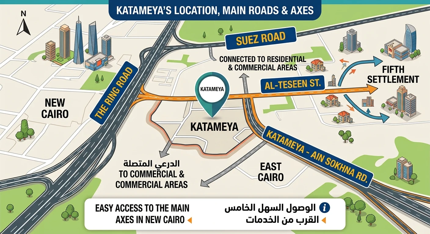 Map of Katameya's location and main roads in New Cairo: the Ring Road, 90th Street, Suez Road and Katameya–Ain Sokhna Road