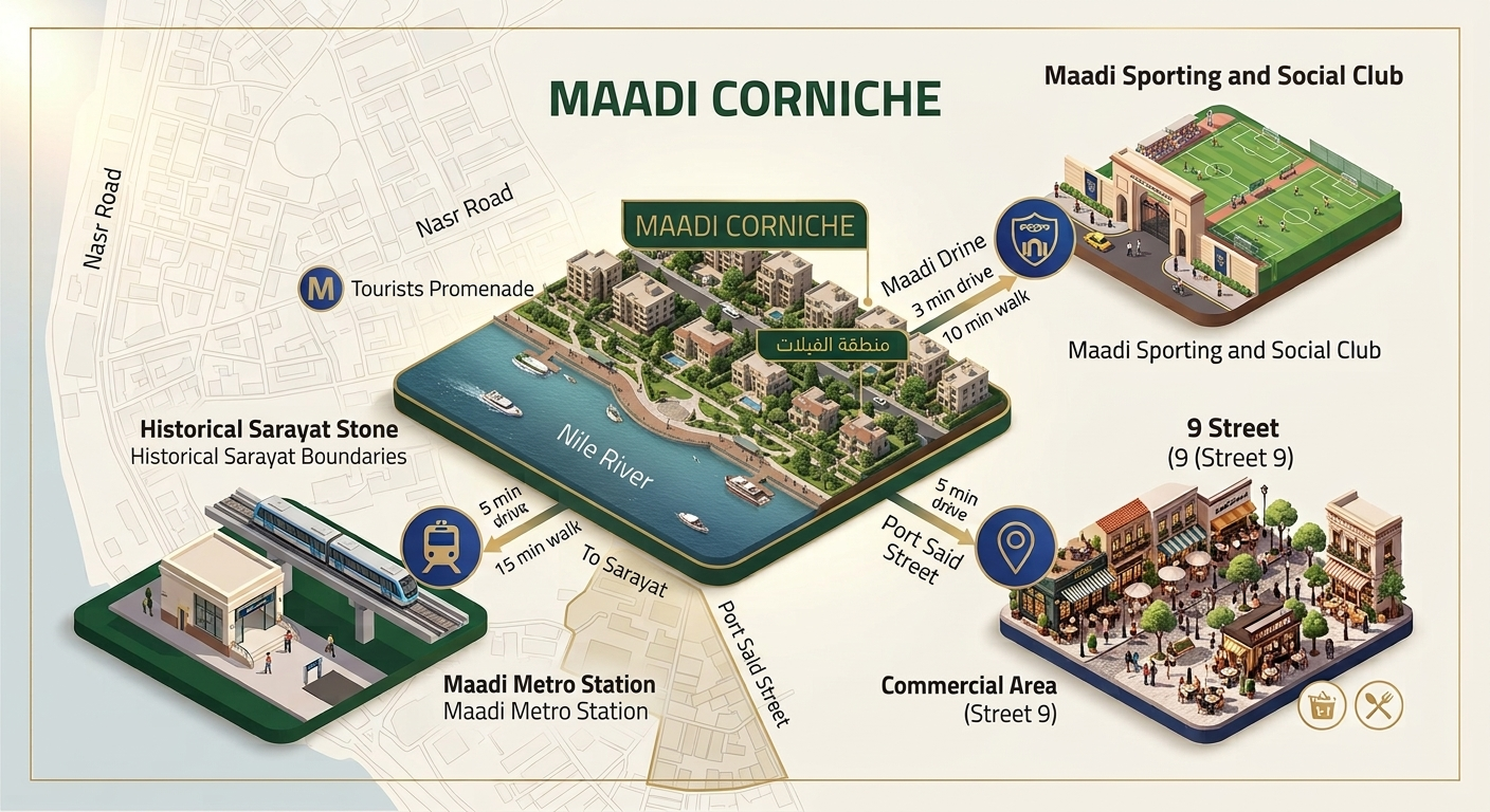 Map of Maadi Corniche showing the villa area beside the Nile, with drive and walking times to Maadi Metro Station, Maadi Sporting Club and the Road 9 commercial area