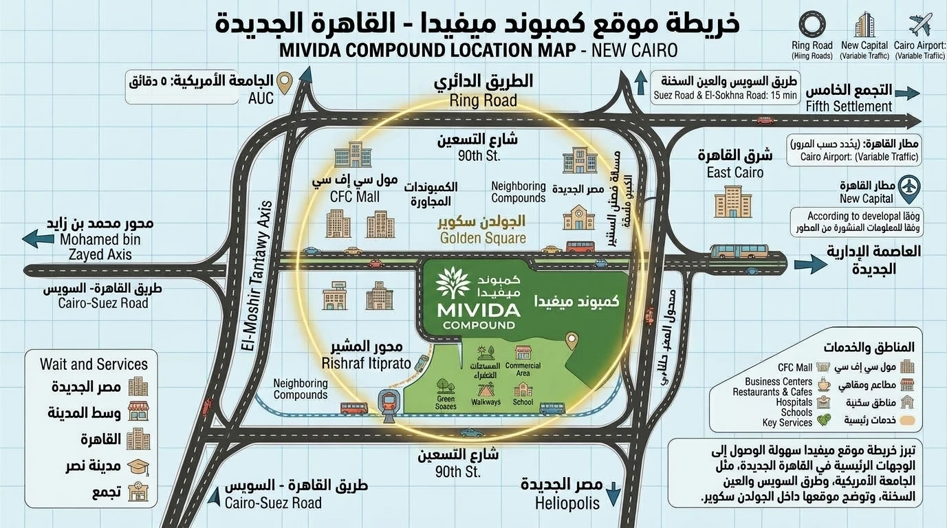 خريطة توضيحية لموقع كمبوند ميفيدا في الجولدن سكوير وشارع التسعين والطريق الدائري والمحاور الرئيسية حوله