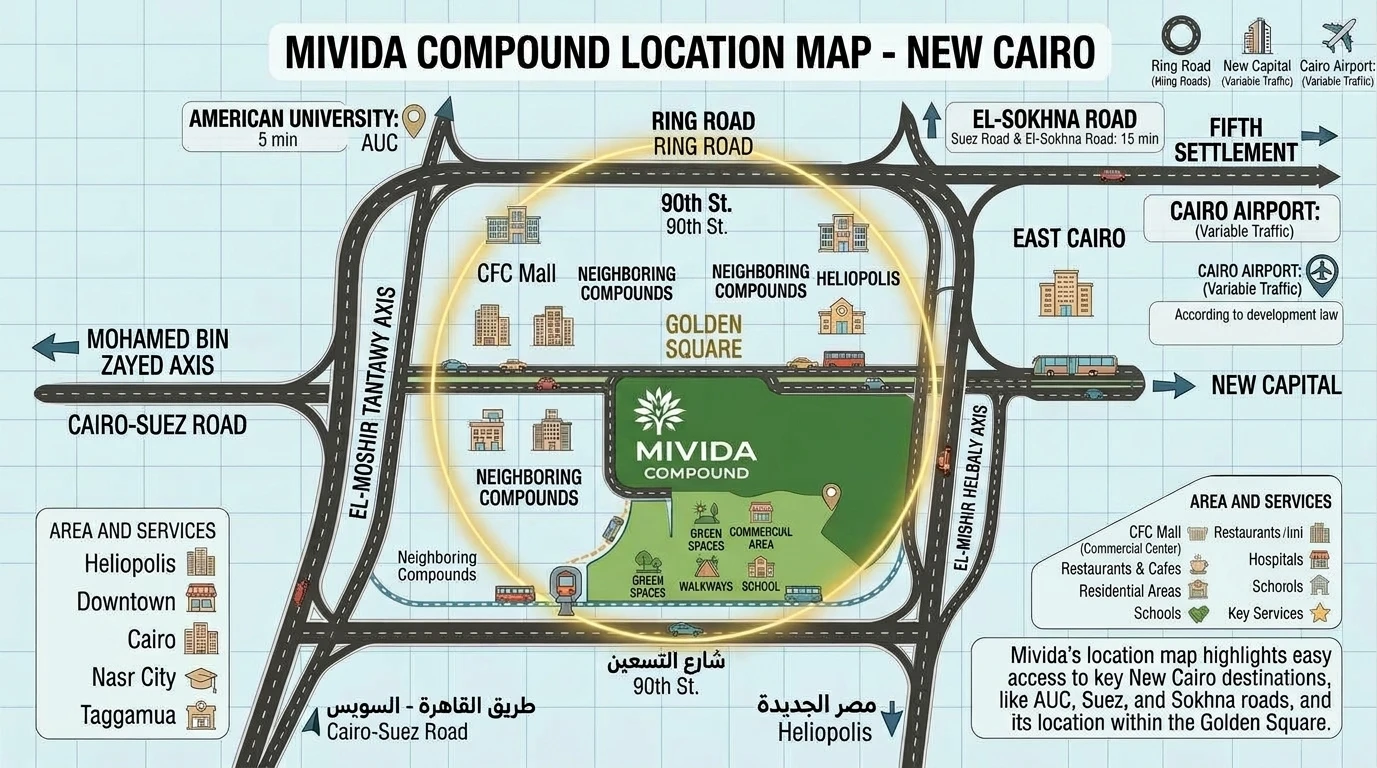 Illustrated location map of Mivida compound in the Golden Square with 90th Street, the Ring Road and the main axes around it