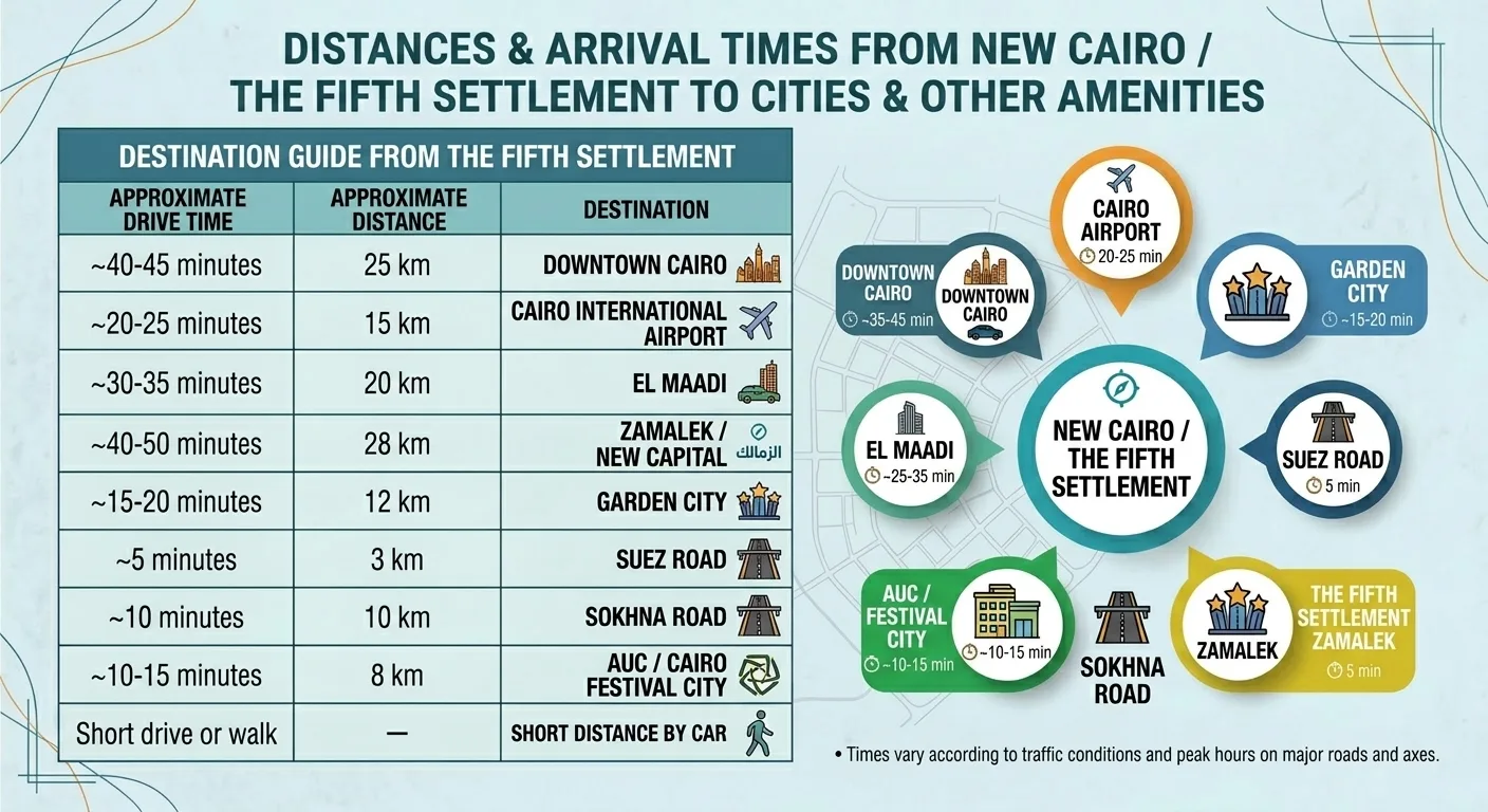 Infographic of approximate distances and driving times from New Cairo and the Fifth Settlement to Downtown Cairo, Cairo International Airport, El Maadi, Zamalek, Garden City, the Suez Road, the Sokhna Road and Cairo Festival City