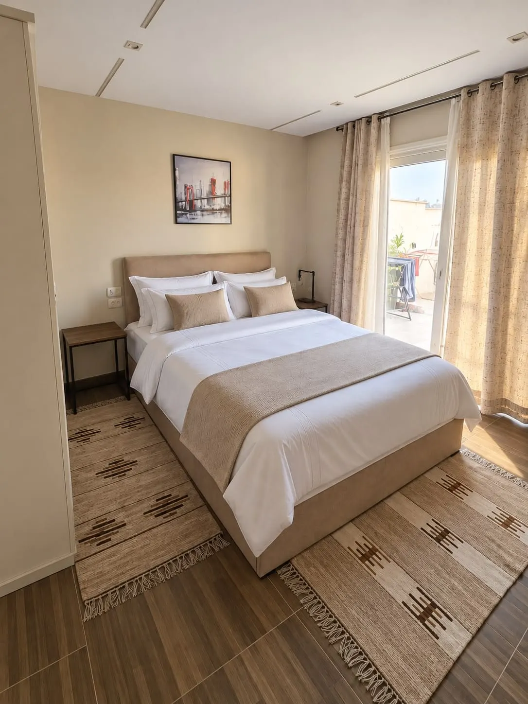 Bedroom with a double bed, white linen and a balcony door in a studio for rent in New Cairo
