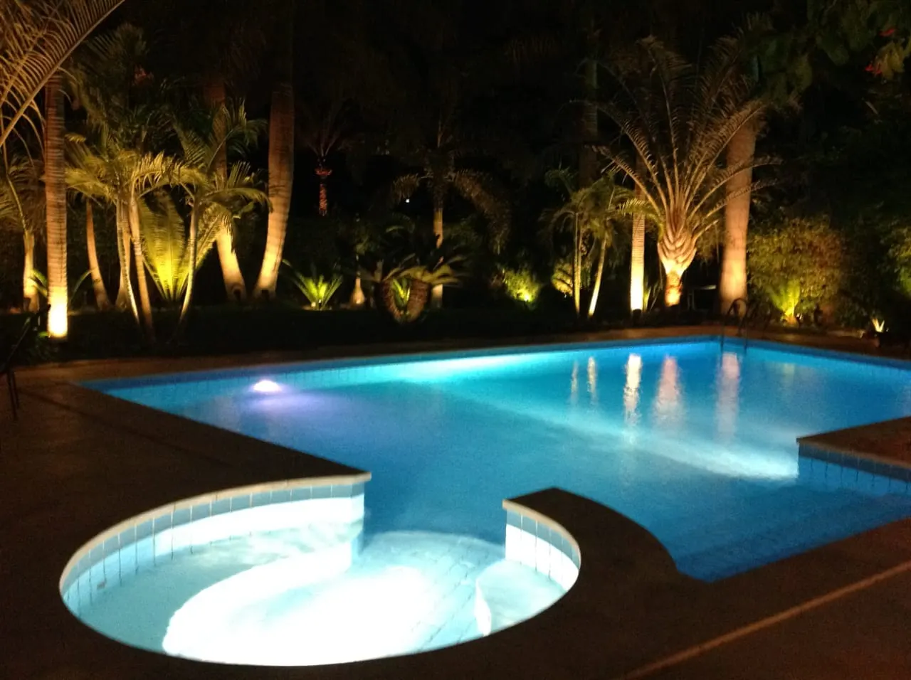 Floodlit swimming pool and palm garden at night at a 1,050 m² villa for sale in New Cairo