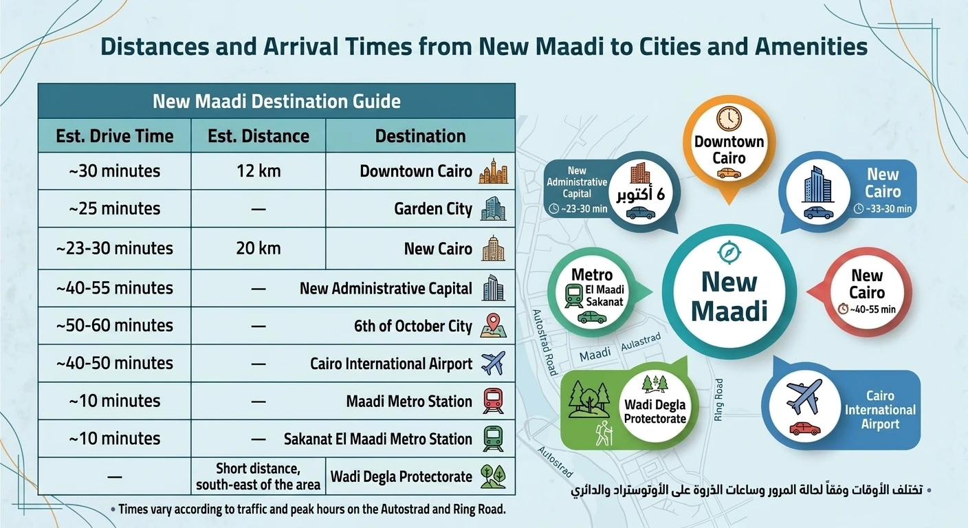 Map and destination guide for New Maadi, between the Autostrad and the Ring Road, with drive times to Downtown Cairo, New Cairo, the New Administrative Capital, 6th of October City, Cairo International Airport, the Maadi metro stations and Wadi Degla Protectorate