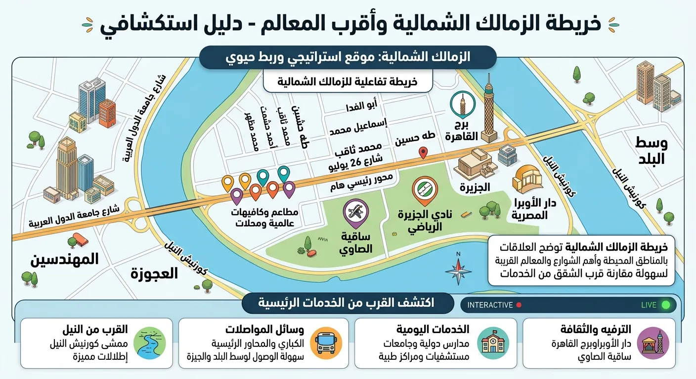 خريطة الزمالك الشمالية بأهم شوارعها — أبو الفدا وإسماعيل محمد وطه حسين ومحمد ثاقب وأحمد حشمت — والقريب منها برج القاهرة ودار الأوبرا ونادي الجزيرة والمهندسين والعجوزة ووسط البلد