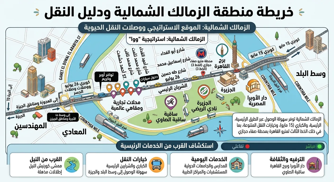 خريطة المواصلات في الزمالك الشمالية يظهر فيها شارع 26 يوليو وكوبري 15 مايو ومحطة مترو صفاء حجازي على الخط الثالث وإتاحة التاكسي وتطبيقات النقل والطرق إلى المهندسين والجيزة ووسط البلد