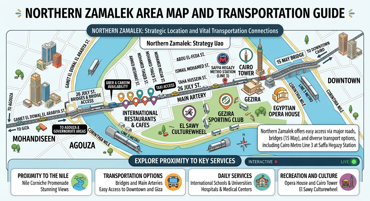 Transportation map of Northern Zamalek showing 26th of July Street, the 15th of May Bridge, Safaa Hegazy metro station on Line 3, taxi and ride-hailing access, and the routes to Mohandessin, Agouza, Giza and Downtown