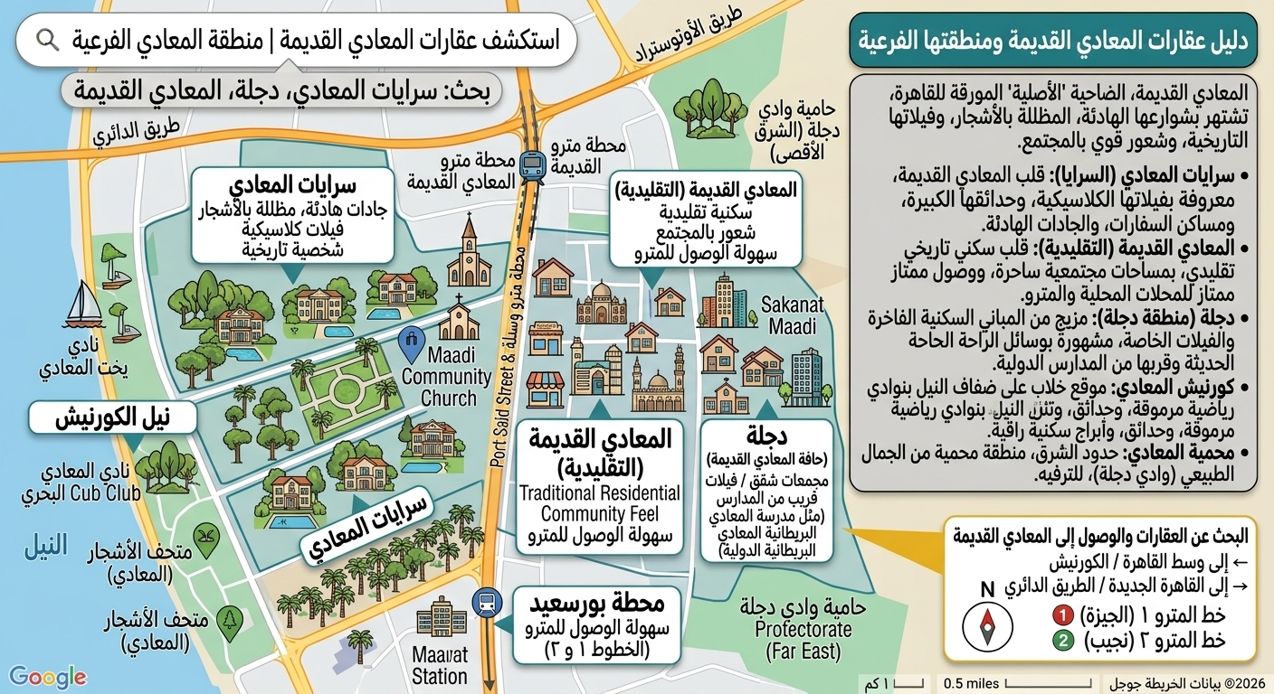 خريطة مناطق المعادي القديمة الفرعية: سرايات المعادي بفيلاتها الكلاسيكية وجاداتها المظللة غرب المترو، وقلب المعادي القديمة التقليدي، ودجلة على الحافة الشرقية، وكورنيش المعادي بناديي يخت المعادي والمعادي البحري، ومحمية وادي دجلة في أقصى الشرق، ومحطتا مترو المعادي وبورسعيد على الخطين 1 و2