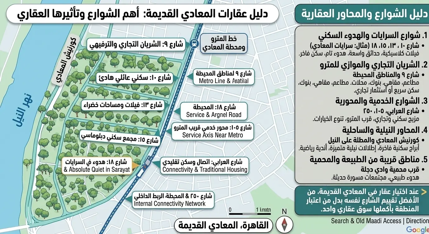 خريطة لأهم شوارع المعادي القديمة وتأثير كل شارع على طابعه العقاري: شارع 9 الشريان التجاري والترفيهي، وشارع 10 سكني عائلي هادئ، وشارع 13 فيلات ومساحات خضراء، وشارع 15 مجمع سكني دبلوماسي، وشارع 18 الأهدأ في السرايات، وشارع العرابي للاتصال والسكن التقليدي، وشارعا 105 و250 كمحاور خدمية قرب المترو، وكورنيش المعادي على النيل