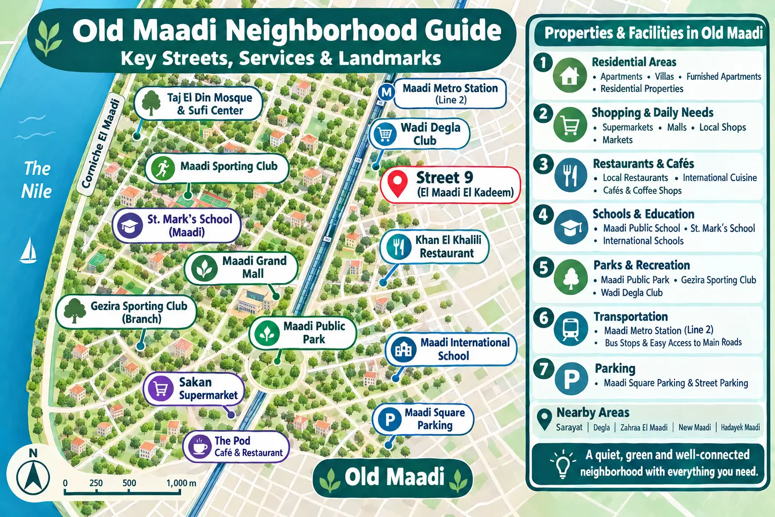 Illustrated guide map of Old Maadi with Street 9 marked at its centre, surrounded by the neighbourhood's landmarks: Taj El Din Mosque and Sufi Center, Maadi Sporting Club, the Gezira Sporting Club branch, Wadi Degla Club, St Mark's School, Maadi International School, Maadi Grand Mall, Sakan Supermarket, The Pod café, Khan El Khalili restaurant, Maadi Public Park, Maadi Square parking and Maadi metro station on Line 2, beside a panel grouping the area's residential, shopping, dining, schooling, recreation, transport and parking options