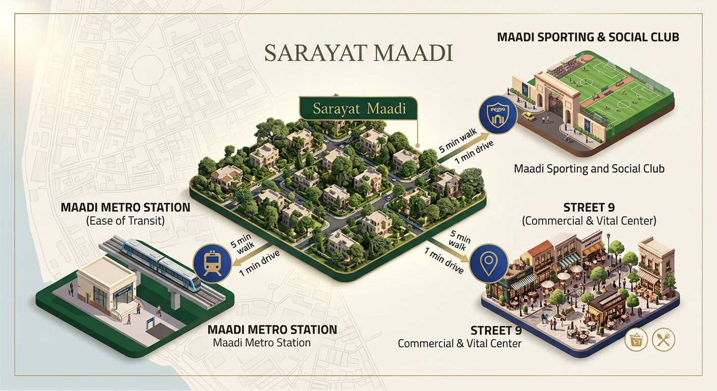 Isometric diagram of Sarayat Maadi's villa grid with its immediate surroundings: Maadi metro station, Maadi Sporting and Social Club and the Street 9 commercial strip, each a 5-minute walk or 1-minute drive away