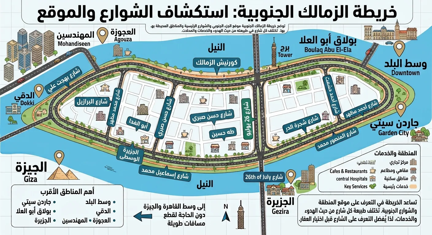 خريطة الزمالك الجنوبية توضح أهم الشوارع والنيل وبرج القاهرة والمناطق المحيطة مثل الدقي والعجوزة والمهندسين ووسط البلد وجاردن سيتي والجيزة
