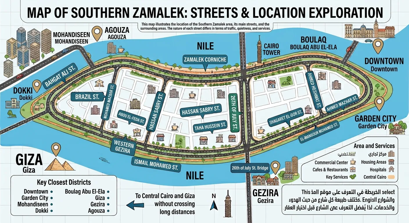Map of Southern Zamalek showing its main streets, the Nile, Cairo Tower and the nearby districts of Dokki, Agouza, Mohandessin, Downtown, Garden City and Giza