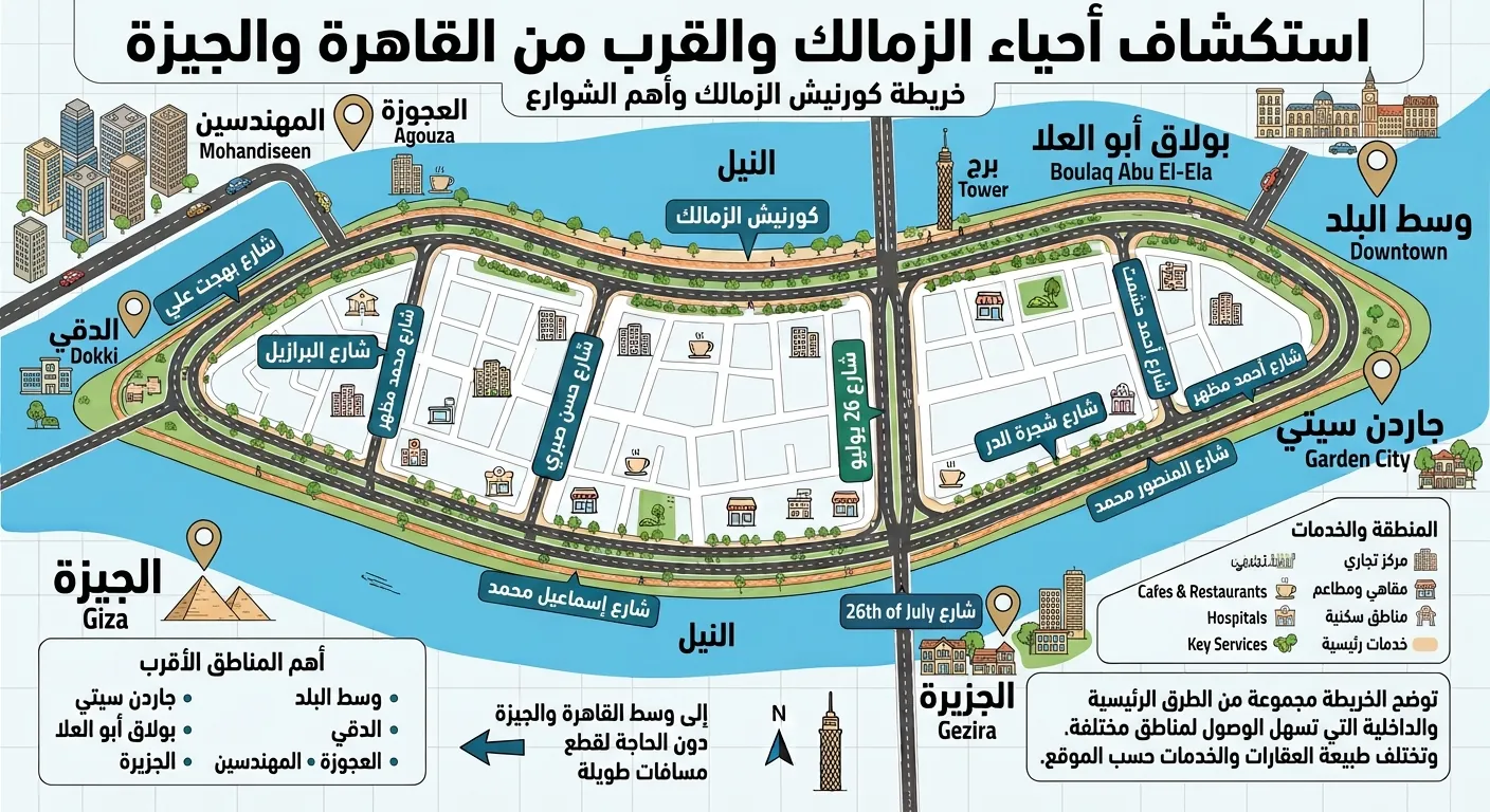 خريطة جزيرة الزمالك وكورنيشها والمناطق المحيطة بها: المهندسين والعجوزة والدقي والجيزة وبولاق أبو العلا ووسط البلد وجاردن سيتي والجزيرة