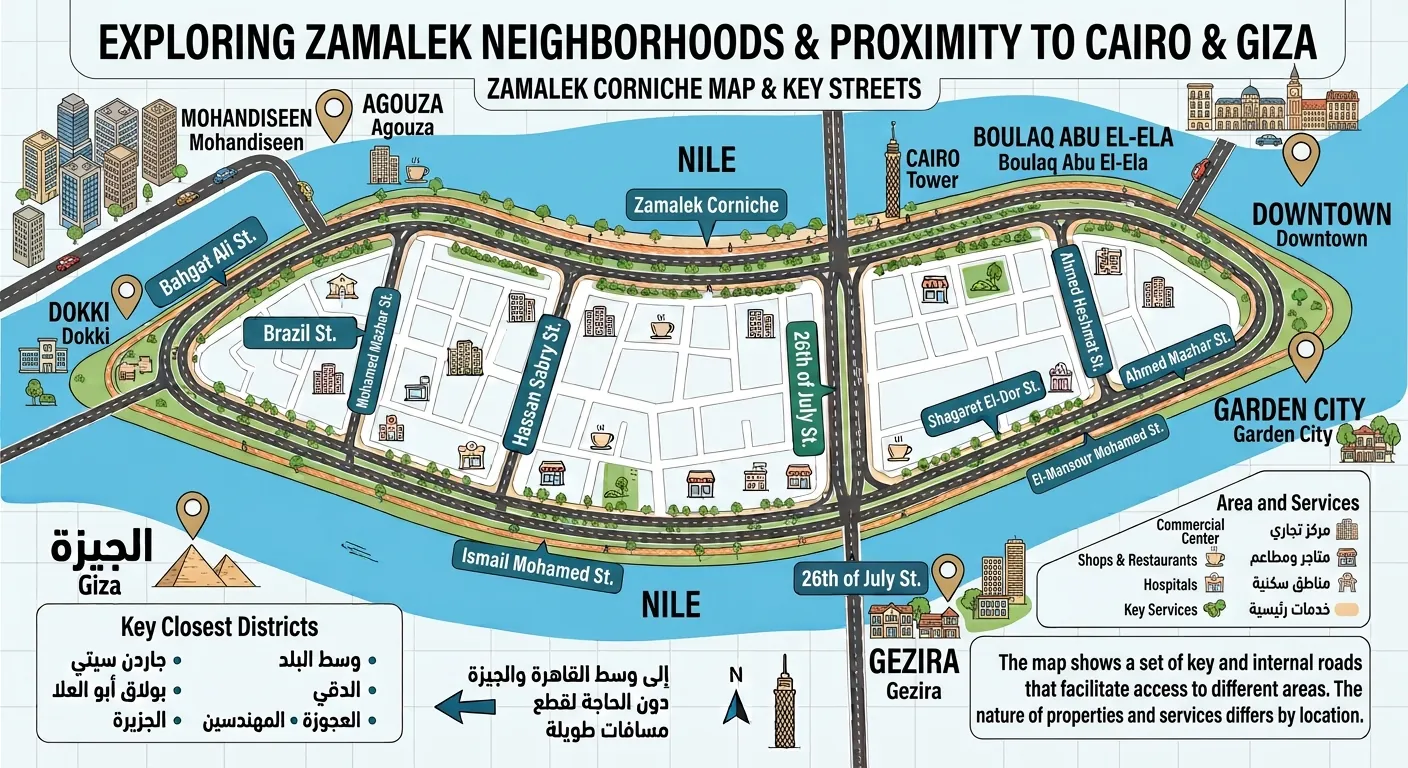 Map of Zamalek Island and its Corniche with the surrounding districts: Mohandessin, Agouza, Dokki, Giza, Bulaq Abu El Ela, Downtown, Garden City and Gezira