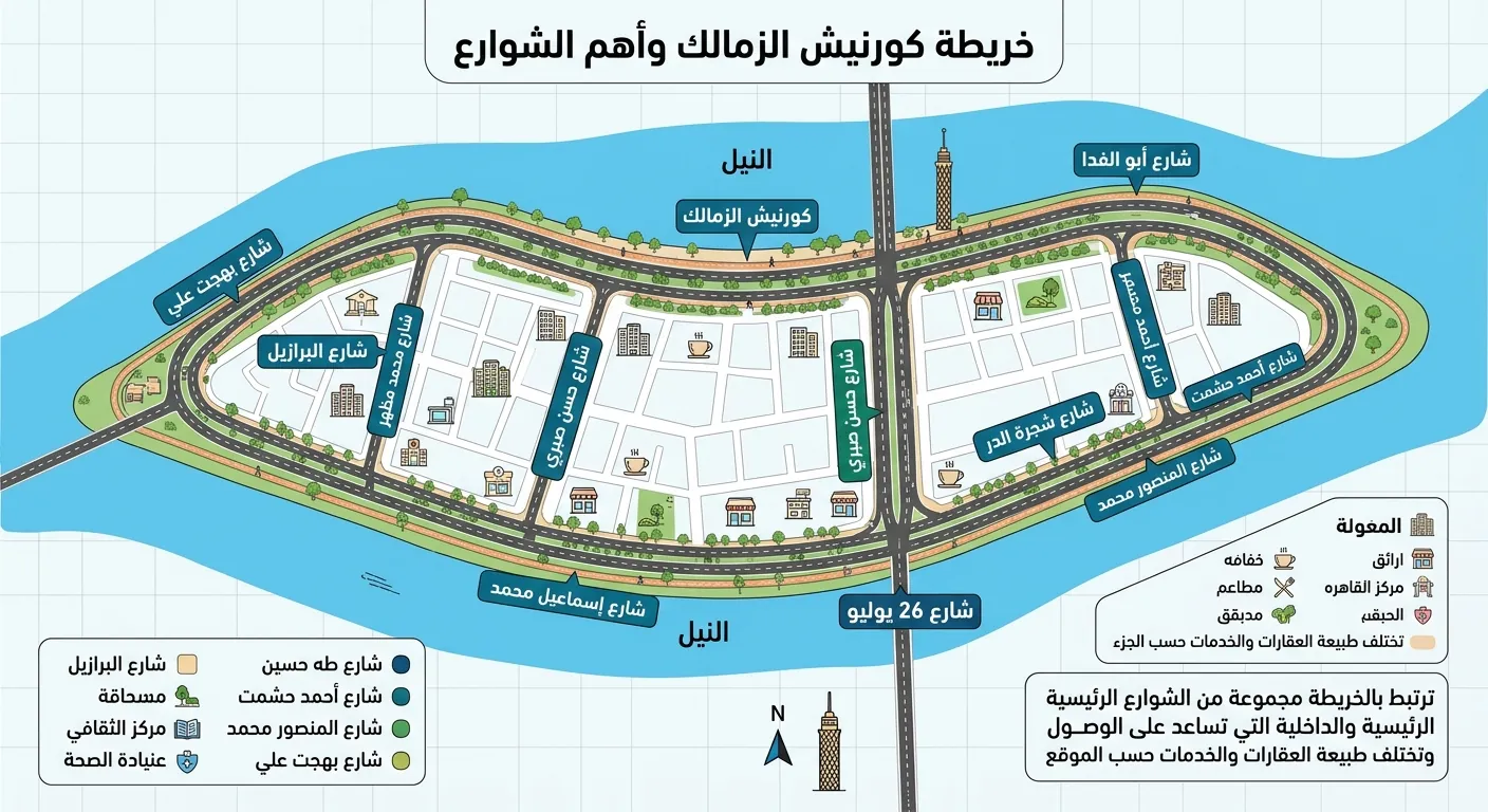 خريطة كورنيش الزمالك يظهر فيها النيل على جانبي الجزيرة وأهم الشوارع ومنها أبو الفدا والبرازيل وحسن صبري و26 يوليو وإسماعيل محمد
