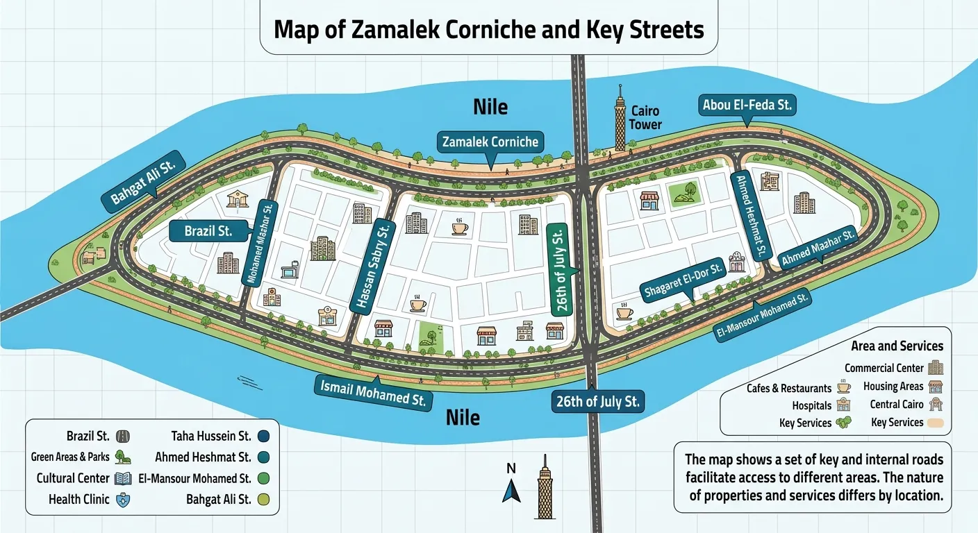 Map of Zamalek Corniche showing the Nile on both sides of the island and its main streets, including Abou El Feda, Brazil, Hassan Sabry, 26th of July and Ismail Mohamed