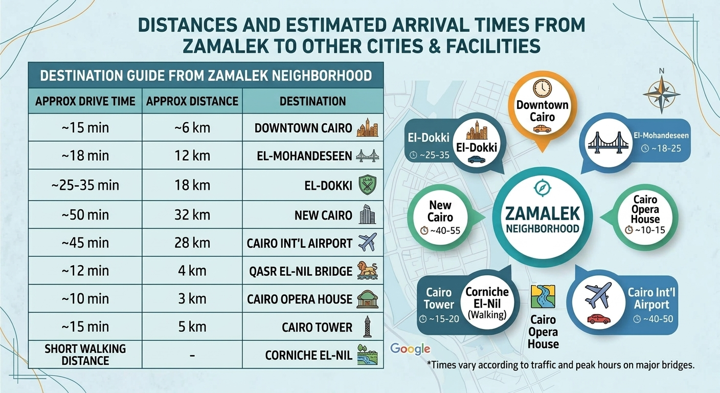 Infographic of distances and drive times from Zamalek: Downtown Cairo about 6 km in 15 minutes, El-Mohandeseen 12 km, El-Dokki 18 km, Cairo Opera House 3 km in 10 minutes, Cairo Tower 5 km, the airport 28 km in 45 minutes, and the Corniche El-Nil a short walk
