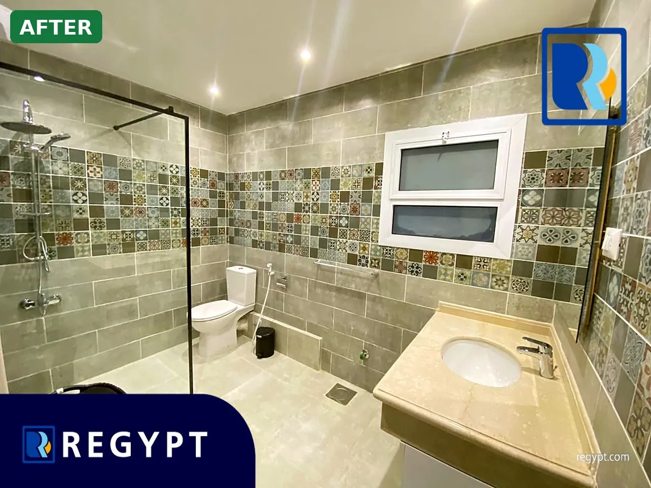 Bathroom with walk-in shower — after finishing & furnishing